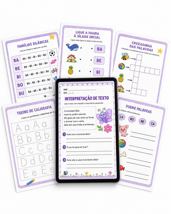 Kit Completo de Alfabetização — folhas de atividade e tablet